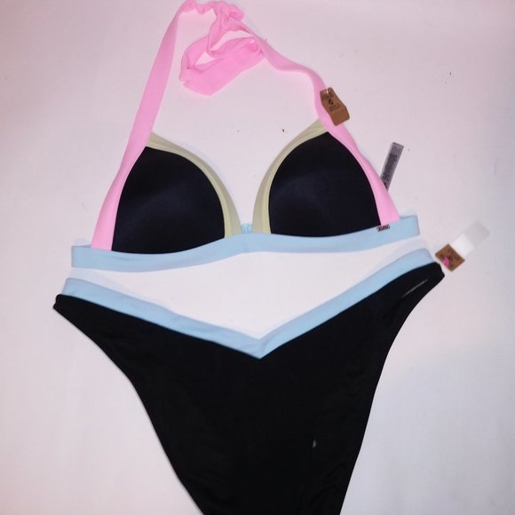 Victoria Secret PINK Swim Bikini XL Top XXL Bottom Black Pink‎ Blue Green Padded - Picture 6 of 12